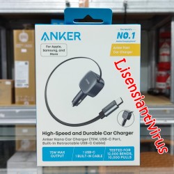 Anker USB-C Car Charger 75W Max Ultra-Compact Type-C Fast Car Charger Retractable Cable Compatible for iPhone Samsung iPad MacBookPro/Air A2738HA2