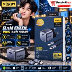 VIVAN Charger Iphone Q20L 20W with USB TypeC to Lightning Cable Mini Adaptor GaN 9th Generation USB-C PD QC3.0 Fast Charging Lebih Dingin